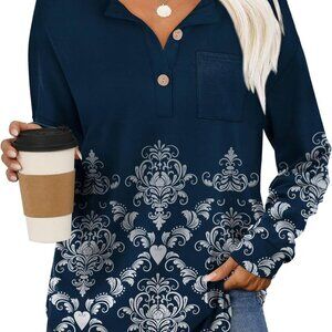 Womens Tops Long Sleeve Curved Hem Tunic Tops V Neck Henley Shirts for Women Dre